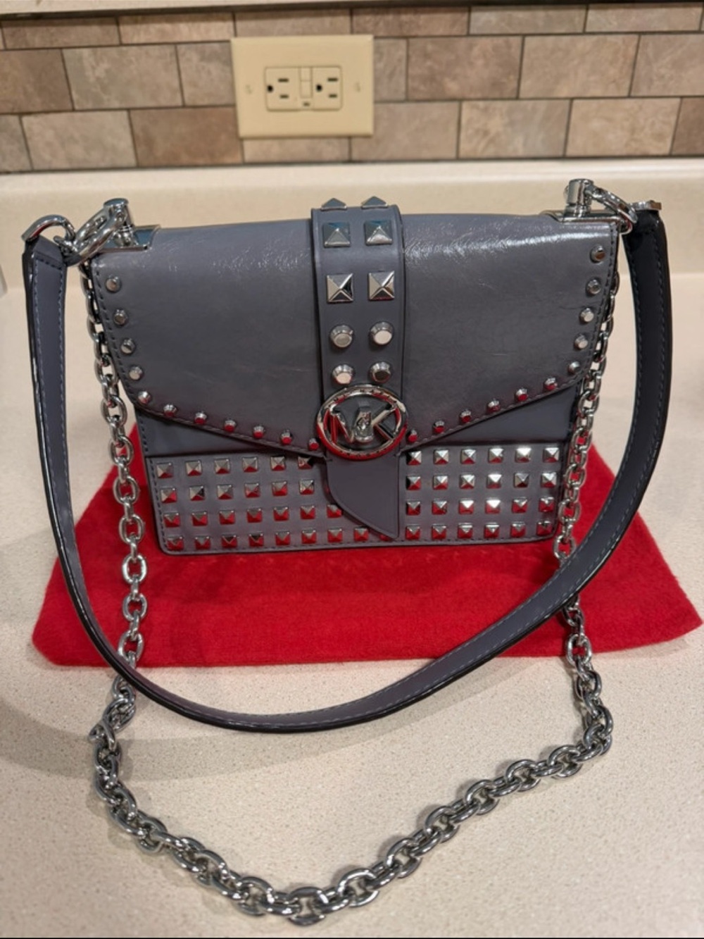 Michael Kors Gray Studded Leather Crossbody with Gunmetal Chain